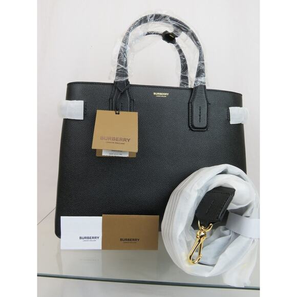 $1790 BURBERRY BANNER BLACK LEATHER HOUSE CHECK CANVAS SHOULDER MEDIUM TOTE BAG - Picture 14 of 16